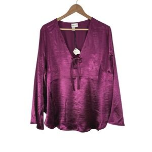 Ava & Viv Top Womens 1X Fuschia Purple Shiny Holiday Tie Front Flare Sleeve New